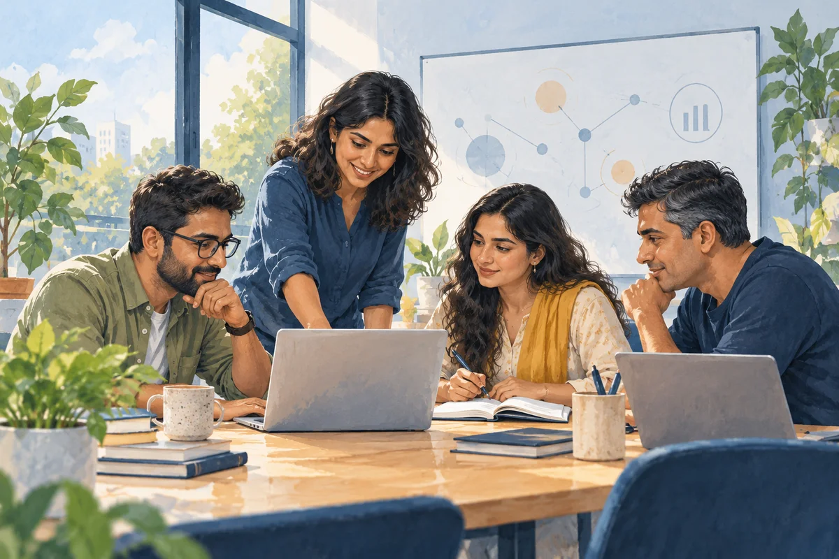 Illustration of adult learners collaborating with an instructor in an AI workshop